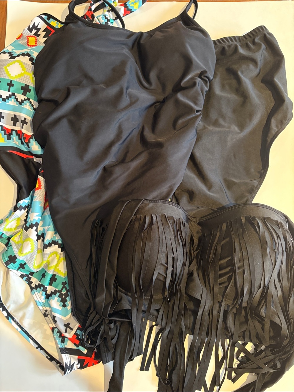 Lot of 3 - Black Fringe Bikini Top with Black One-Piece and Aztec Print XXL